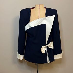 Vintage Karen Laurence Navy & White Asymmetric Front Bow Trim Jacket - Size 10